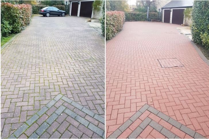 Before and after block paving cleaned from mossy grey to rich red brick