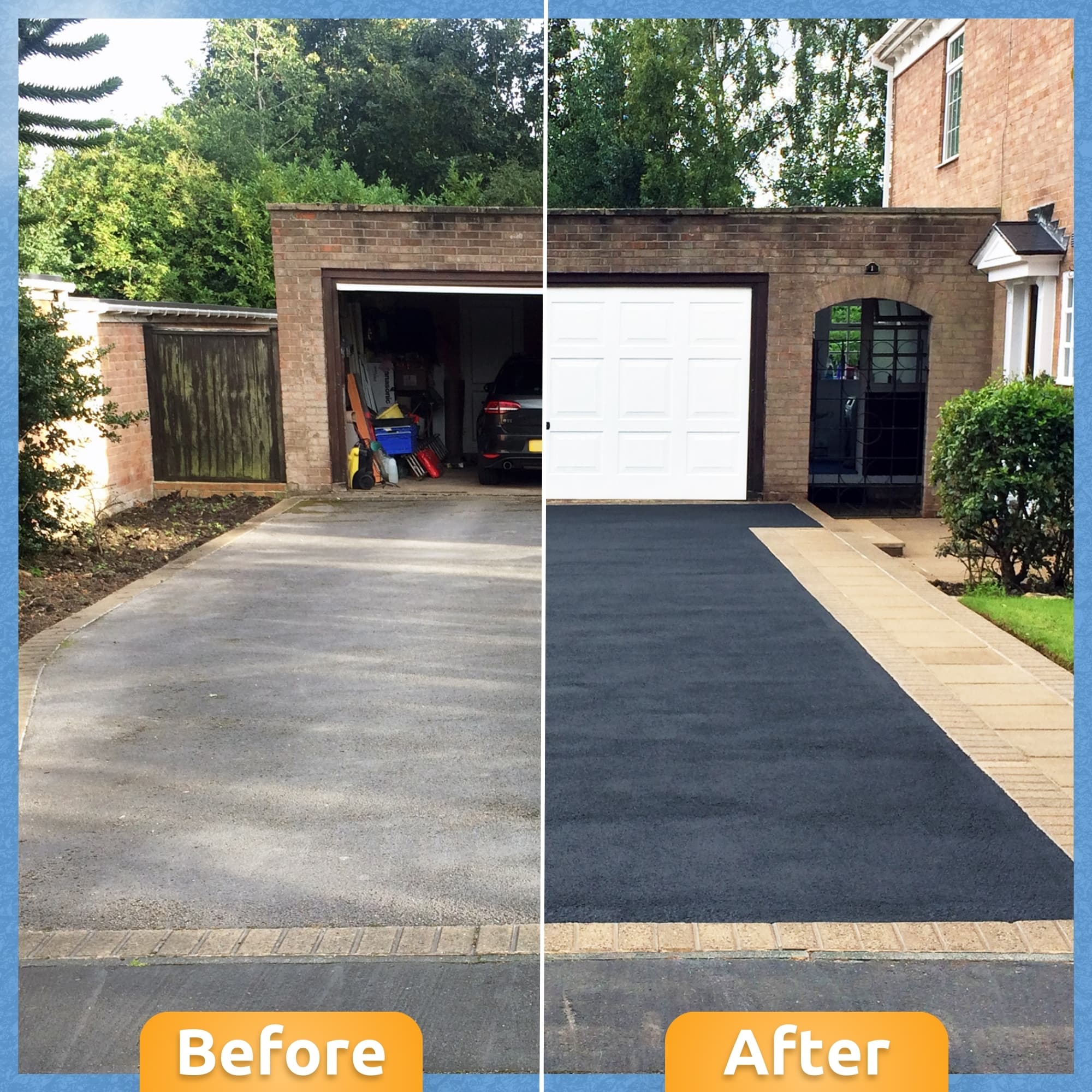 Before and after garage driveway restored from faded grey to deep black sealed tarmac