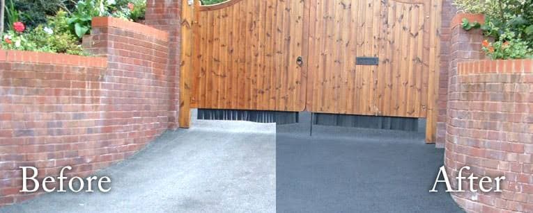 Before and after driveway under wooden gates restored to black tarmac
