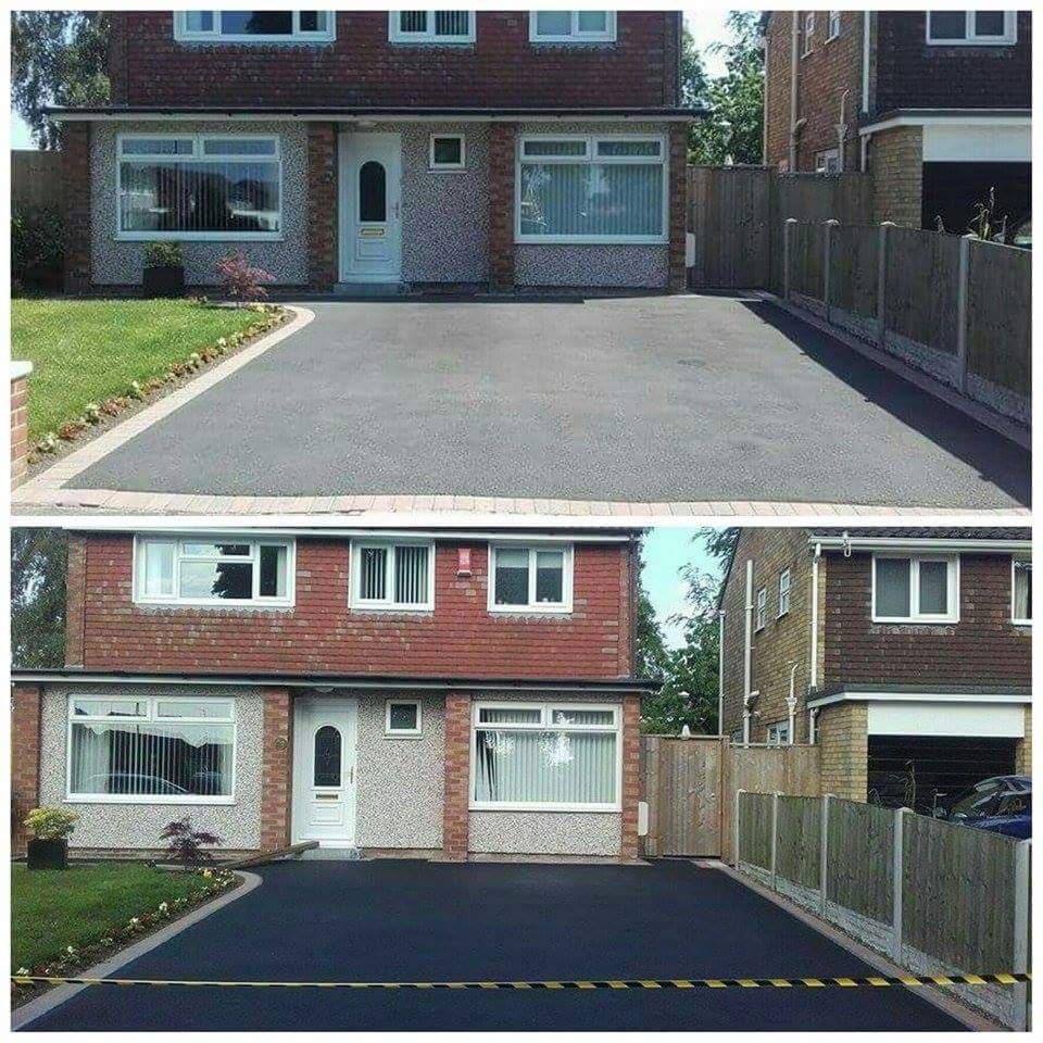 Before and after house front driveway sealed to a uniform black finish