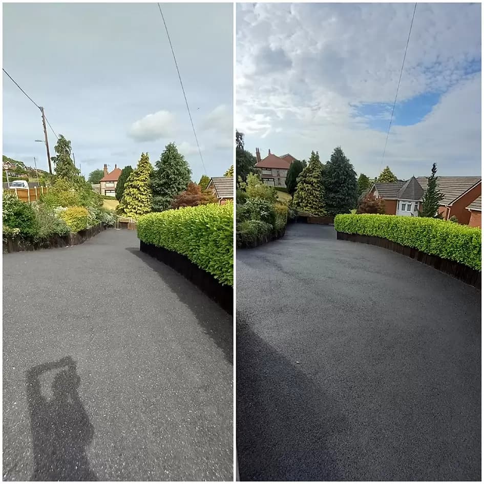 Before and after long residential driveway sealed along a hedged street